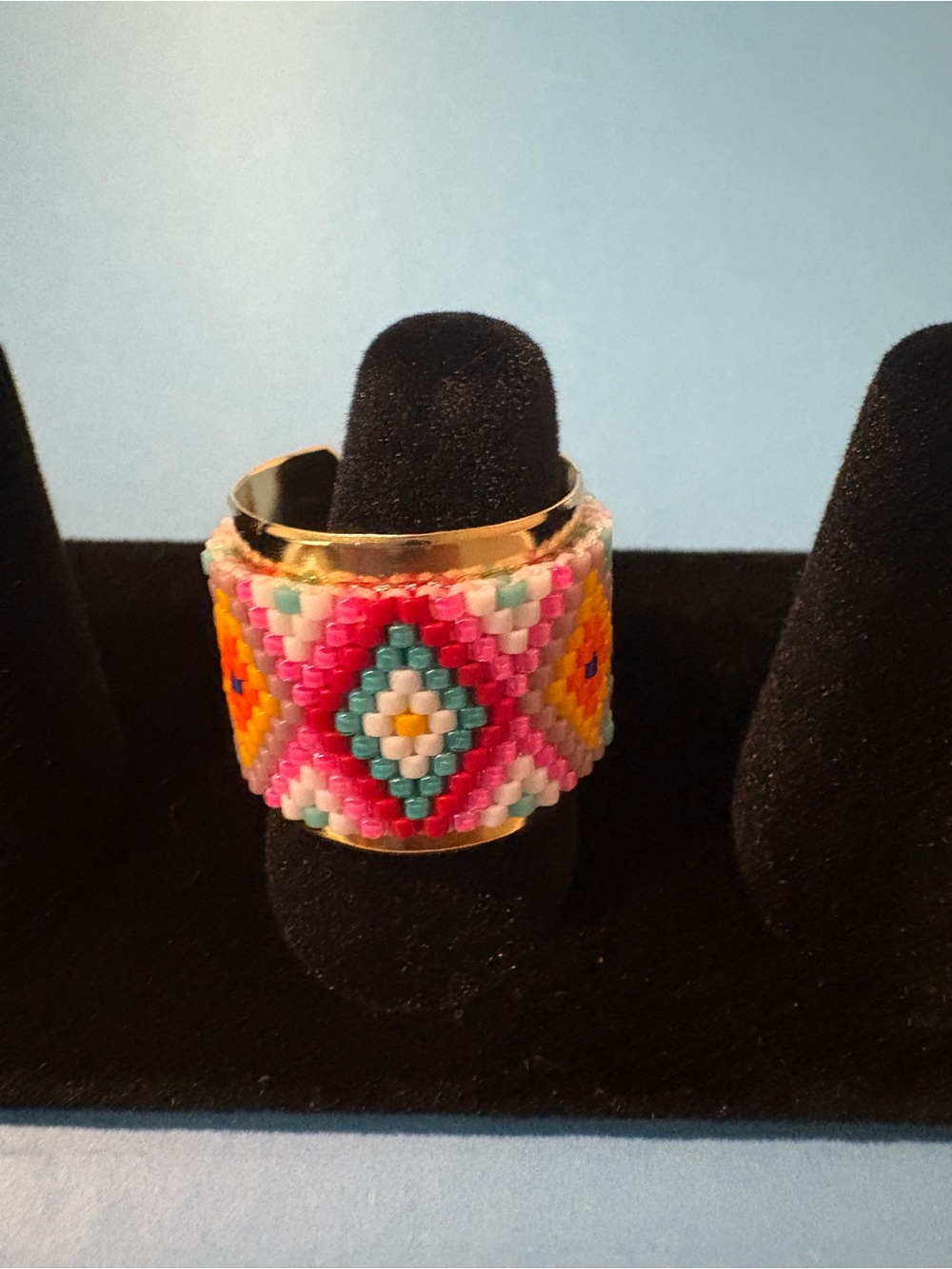 Handmade Pink Multicolor Seed Bead Wide Ring